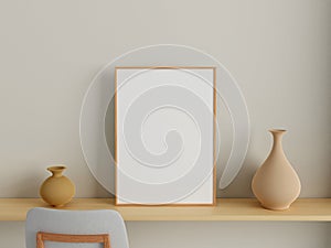 Modern and minimalist vertical wooden poster or photo frame mockup on the wall in the living room. 3d rendering