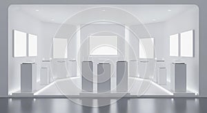 Modern Minimalist White Exhibition Hall with Display Pedestals