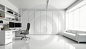 Modern minimalist white home office with desk chair and sofa