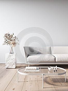 Modern minimalist white interior with orange sofa and coffee table.
