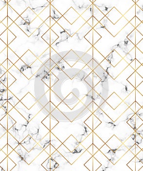 Modern minimalist white marble texture with gold geometric lines, rhombus and triangles pattern. Background for design banner, car