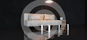 Modern Minimalist White Sofa Couch Leather Glass Table Empty Room Concrete Rough Grunge Wall Reflective Floor Wooden Empty Space