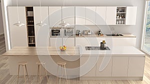 Modern minimalist white and wooden kitchen with island and big panoramic window, parquet, pendant lamps, contemporary architecture