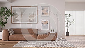Modern minimalist white and wooden living room in contemporary apartment with parquet. Brown leather sofa with pillow, capet,