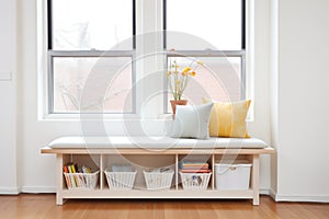modern minimalist window bench with storage for books