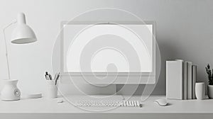 Modern minimalist workspace with white computer and office accessories