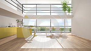 Modern minimalist yellow colored kitchen with island, dining table with chairs, parquet, mezzanine, big panoramic windows with