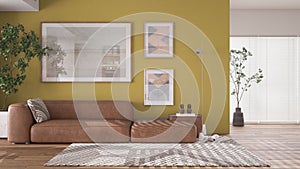 Modern minimalist yellow and wooden living room in contemporary apartment with parquet. Brown leather sofa with pillow, capet,