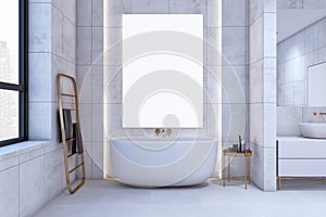 Modern minimalistic bathroom interior with empty white mock up banner. 3D Rendering