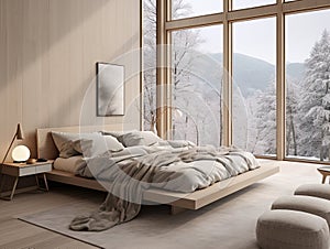 Modern minimalistic bed room with large windows, grey beige greige interior with king size bed, carpet and decor