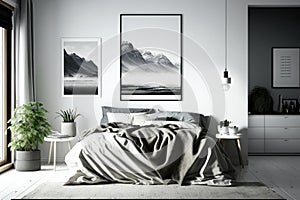 Modern minimalistic black and white monochrome bedroom in scandinavian style concept