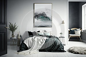 Modern minimalistic black and white monochrome bedroom in scandinavian style concept. Generative ai