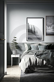 Modern minimalistic black and white monochrome bedroom in scandinavian style concept. Generative ai