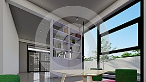 Modern minimalistic and bright living room with sofa book case 3d illustration