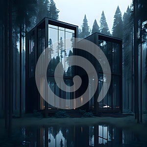 Modern Minimalistic Construction Cabin With Big Glass Windows With Reflection In Dark Pine Tree Forest Generative Ai Illustration