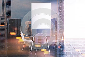 Gray dining room, white chairs, poster toned