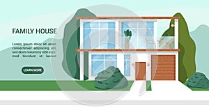 Modern minimalistic family house with garage. Colorful flat vector illustration. Construction of contemporary architecture. Real photo