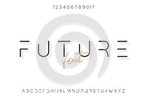 Modern minimalistic font. Futuristic and minimalistic sans serif font. Stylish alphabet with uppercase letters and numbers.