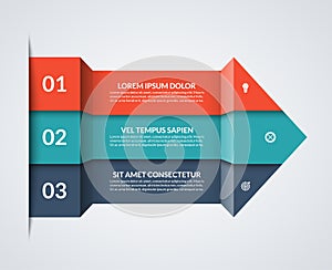 Modern minimalistic infographics. Big paper arrow of 3 colored horizontal strips