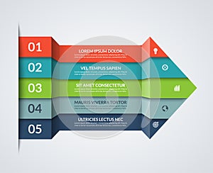 Modern minimalistic infographics. Big paper arrow of 5 colored horizontal strips