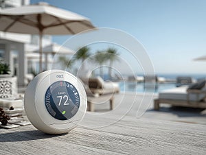 Modern minimalistic poolside setup, smart device sphere, touch controls, 78F, energy-efficient data displayed, beach umbrella soft