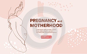 Modern minimalistic Pregnancy and motherhood banner. Cute pregnant woman smiling side view, line drawing, vector collage photo