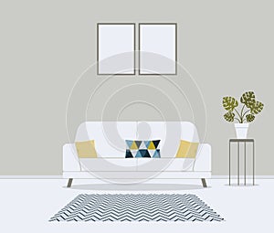 Modern minimalistic scandinavian style living room. Furniture for home interior: sofa, couch, cushions in cute pattern,carpet,