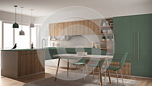 Modern minimalistic wooden kitchen with dining table, carpet and panoramic window, white and green architecture interior