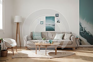 Modern mint color living room interior with arch and blank poster on wall. Beige sofa with light blue cushions, coffee table, ligh
