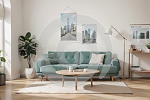 Modern mint color living room interior with arch and blank poster on wall. Beige sofa with light blue cushions, coffee table, ligh