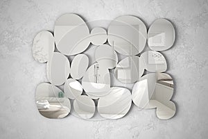 Modern mirror in the shape of pebbles hanging on the wall reflecting interior design scene, bright bathroom with bathtub, minimali