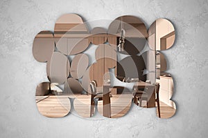 Modern mirror in the shape of pebbles hanging on the wall reflecting interior design scene, living room in beige tone, kitchen,