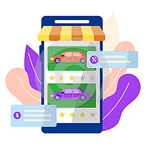 Modern mobile application for rent, vehicle rating, smartphone sharing car app flat vector illustration, isolated on