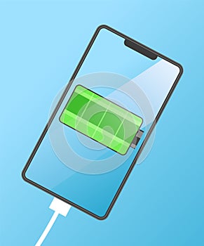 Modern mobile phone with green battery vector illustration. Full charge with lighting. Touchscreen smartphone