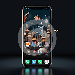 Modern mobile phone with icons of the city. 3D illustration