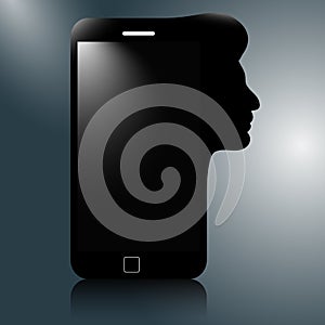 Modern mobile phone with the silhouette of a human head. thinking phone