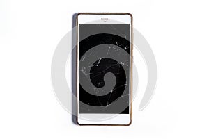 A modern mobile touch smartphone with a broken glass screen isolated on a white background. Service, repair and