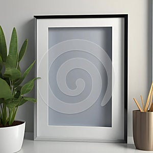 Modern mock-up frame with plant and stationery on a white shelf against a gray wall