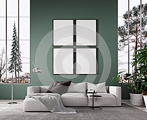 Modern mock up interior design with green wall and empty white picture frame
