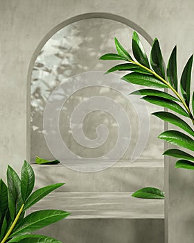 Modern Mockup Empty Concrete Stage For Presentation Product With Tropical Plant And Sunshade Shadow Abstract Background 3d Render