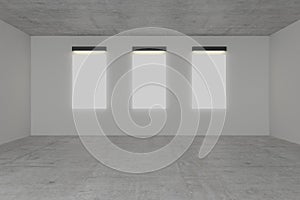 Modern mockup gallery interior template with white wall and concrete floor. 3D Rendering