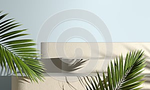 Modern Mockup Step Podium With Sunshade Palm Leaf Shadow Abstract Background 3d Render