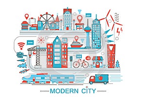 Modern Modern smart city graphic flat line design style infographics concept of global Network technology with icons
