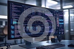 Modern monitor displaying complex bioinformatics software with data analytics, graphs, and code.