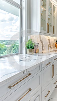 Modern monochromatic kitchen with white quartz countertops and panoramic city view