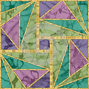 Modern mosaic, inlay. Illustration in stained glass style. Art deco background. Geometric pattern. Marble texture and golden