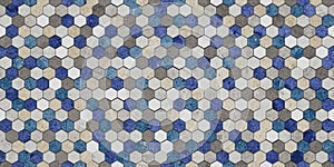 Modern mosaic wallpaper featuring a stylish blue, grey, and white pattern, perfect for wallpapers
