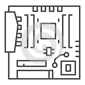 Modern motherboard thin line icon. Main circuit board with hardware components symbol, outline style pictogram on white