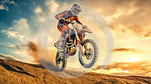 modern motocross, biker jumps on a dune in the desert on a supercross, made with Generative AI photo