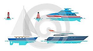 Modern Motor Yachts and White Sailboat on Water